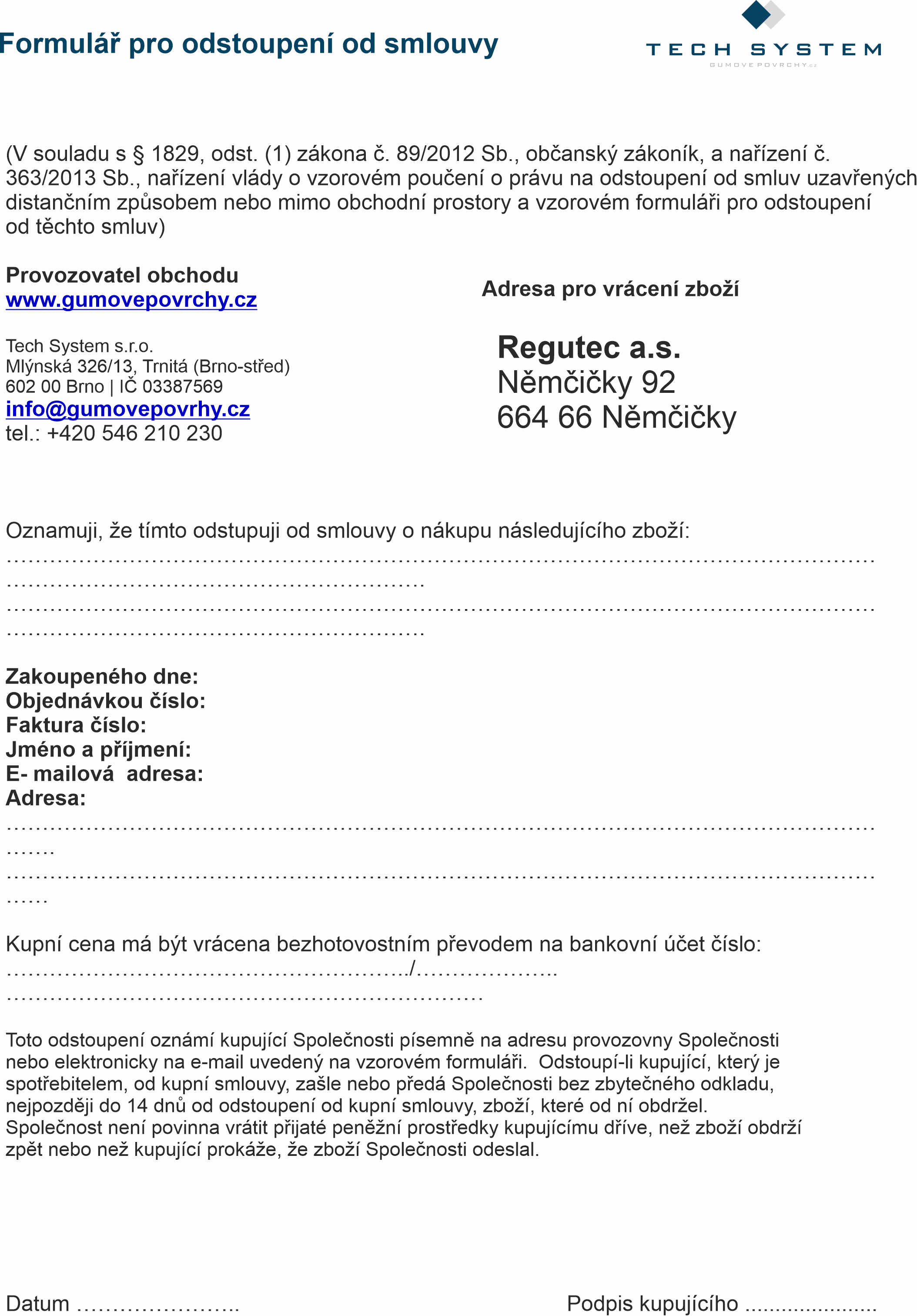 Formulář pro odstoupení od kupní smlouvy